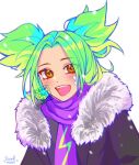  :d bandaid bandaid_on_face black_coat coat fur-trimmed_coat fur_trim green_hair knol_(flowrmosh) league_of_legends lightning_bolt_symbol parted_bangs purple_scarf scarf smile snowing twintails white_background winter_clothes winter_coat yellow_eyes zeri_(league_of_legends) 