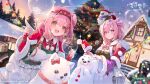  2girls animal_ears arknights cat_ears cat_girl christmas christmas_tree commentary_request freng fur_trim goldenglow_(arknights) goldenglow_(maiden_for_the_bright_night)_(arknights) hair_between_eyes korean_commentary medium_hair multiple_girls official_alternate_costume official_art open_mouth outdoors parted_lips pink_eyes pink_hair pudding_(arknights) pudding_(gleaming_fey)_(arknights) second-party_source yellow_eyes 