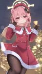  1girl blue_archive blush closed_mouth highres looking_at_viewer medium_hair minazuki_(uraha246) official_alternate_costume pink_hair red_eyes serina_(blue_archive) serina_(christmas)_(blue_archive) smile solo 