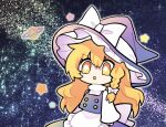  1girl apron black_vest blonde_hair bow braid chibi hat kirisame_marisa long_hair long_sleeves mochi547 saturn_(planet) single_braid sky solo star_(sky) star_(symbol) starry_sky touhou vest waist_apron waist_bow white_apron witch_hat yellow_eyes 