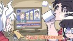  annoyed azazel_(helltaker) black_hair coffee coffee_cup cup disposable_cup eating food glasses helltaker helltaker_(character) horns kyo-hei_(kyouhei) lucifer_(helltaker) merry_christmas outline pancake red_shirt shaded_face shirt smile television watching_television white_horns white_outline 