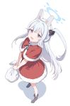  1girl absurdres animal_ears blue_archive dress hair_ribbon halo highres holding holding_sack long_hair looking_at_viewer miyako_(blue_archive) open_mouth rabbit_ears ribbon sack santa_costume santa_dress shoes sidelocks simple_background smile solo violet_eyes white_hair yomoyama55 