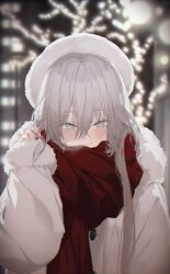  1girl absurdres blue_eyes blush coat fur-trimmed_coat fur-trimmed_hood fur_trim grey_hair highres hood long_hair long_sleeves looking_at_viewer meme pov_cheek_warming_(meme) red_scarf scarf smile soya_(torga) upper_body white_coat white_headwear winter_clothes winter_coat 