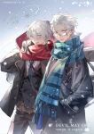  2boys absurdres bishounen blue_eyes coat cumcmn dante_(devil_may_cry) devil_may_cry_(series) devil_may_cry_3 hair_between_eyes hair_slicked_back highres jacket long_hair looking_at_viewer male_focus multiple_boys siblings smile snow snowflakes vergil_(devil_may_cry) white_hair winter_clothes winter_uniform 