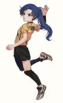  1girl alternate_hairstyle arm_up black_shorts black_socks blue_hair blue_pajamas blurry blush brown_eyes depth_of_field flat_chest from_side full_body hair_tie highres idolmaster idolmaster_(classic) idolmaster_million_live! idolmaster_million_live!_theater_days jumping kisaragi_chihaya leg_up light_brown_background long_hair looking_at_another lunim_(roo_0_0) open_hand open_mouth pajamas ponytail shirt shoes short_sleeves shorts side_slit side_slit_shorts simple_background single_leg_pantyhose single_sock sneakers socks solo sweat volleyball white_footwear yellow_shirt 