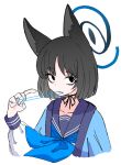  1girl animal_ear_fluff animal_ears black_eyes black_hair blue_archive blue_neckerchief cat_ears choker clenched_teeth dot_nose dr_yamero halo hand_up haori highres japanese_clothes kikyou_(blue_archive) long_sleeves looking_at_viewer neckerchief open_mouth ribbon_choker sailor_collar shirt short_hair simple_background solid_eyes solo string teeth upper_body white_background white_shirt 