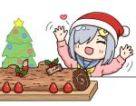  cake christmas_tree closed_eyes commentary_request food fur-trimmed_headwear fur_trim grey_hair grey_sailor_collar hair_ornament hair_over_one_eye hairclip hama!_(3toshinhmkz) hamakaze_(kancolle) hat heart kantai_collection neckerchief no_nose pink_sweater red_headwear sailor_collar santa_hat school_uniform serafuku short_hair simple_background smile sweater white_background yellow_neckerchief yule_log 