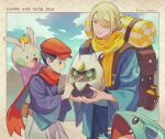  2024 2boys backpack bag black_hair blonde_hair brown_bag closed_mouth clouds commentary_request day gible goomy grey_eyes hair_bun happy_new_year hat highres holding holding_paintbrush jacket janis_(hainegom) male_focus multiple_boys outdoors paintbrush pokemon pokemon_(creature) pokemon_legends:_arceus red_headwear red_scarf rei_(pokemon) scarf short_hair sky smile sweatdrop volo_(pokemon) 