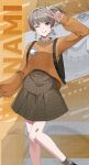  1girl absurdres alternate_costume backpack bag black_bag brown_dress brown_sweater closed_mouth dress earrings grey_eyes grey_hair highres jewelry long_sleeves nanami:_starfarer_(punishing:_gray_raven) nanami_(punishing:_gray_raven) one_eye_closed punishing:_gray_raven side_ponytail solo sweater toi_pngr tongue tongue_out twitter_username 