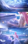  1girl 3d absurdres bare_back chinese_commentary clouds commentary_request crown dawn day dress elbow_gloves english_text feathers gloves grand_piano highres instrument light_particles lips lipstick long_hair makeup music nikki_(miracle_nikki) ocean official_art outdoors piano piano_keys pink_hair playing_instrument playing_piano sheet_music shining_nikki solo violet_eyes white_dress white_gloves wind 