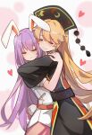  2girls absurdres animal_ears blonde_hair blush chinese_clothes closed_eyes guming_diban heart highres hug junko_(touhou) long_hair multiple_girls phoenix_crown purple_hair rabbit_ears rabbit_girl rabbit_tail reisen_udongein_inaba simple_background smile tail touhou yuri 