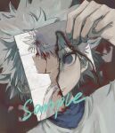  1boy absurdres blood blood_from_eyes blue_eyes dutch_angle empty_eyes expressionless from_side highres holding hunter_x_hunter killua_zoldyck long_sleeves looking_at_viewer male_focus owltea_(owlteaowltea) photo_(object) sample_watermark shirt short_hair simple_background solo spiky_hair torn_paper watermark white_hair white_shirt 