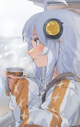  1girl a.i._voice ahoge balcony blue_eyes blue_nails cup from_side grey_hair hair_ornament handrail highres holding holding_cup kizuna_akari kizuna_akari_(a.i._voice) long_hair mug orange_shirt overcast parted_lips pocche-ex profile shirt sky solo star_(symbol) star_print striped striped_shirt suspenders upper_body variant_set vertical-striped_shirt vertical_stripes voiceroid white_shirt 