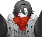  1boy blush coat fur-trimmed_coat fur-trimmed_hood fur_trim genshin_impact green_eyes greyscale highres hood looking_at_viewer male_focus meme mole mole_under_each_eye mole_under_eye monochrome multiple_moles open_clothes open_coat pov_cheek_warming_(meme) red_scarf scarf shikanoin_heizou shrimpjiao upper_body winter_clothes winter_coat winter_gloves 