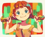 1girl blush border bow braid bright_pupils brown_hair brown_overalls character_name collarbone freckles green_eyes head_tilt holding_own_hair looking_at_viewer mother_(game) mother_1 overalls pippi_(mother) shifumame smile solo twin_braids twintails upper_body white_border white_pupils yellow_bow