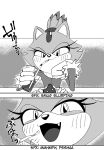  1girl animal_ears blaze_the_cat cat_ears cat_girl drinking drinking_straw eyelashes fang fastfroob forehead_jewel fur-trimmed_gloves fur_trim furry furry_female gloves greyscale highres looking_at_viewer monochrome open_mouth smile sonic_(series) topknot 
