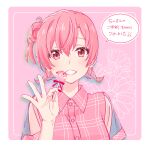  1girl artist_request braid candy clenched_teeth food hair_bun highres holding holding_candy holding_food holding_lollipop lollipop looking_at_viewer official_art pink_eyes pink_hair pink_shirt plaid plaid_shirt shirt short_hair single_hair_bun single_side_bun smile solo speech_bubble teeth twin_braids yahari_ore_no_seishun_lovecome_wa_machigatteiru. yuigahama_yui 