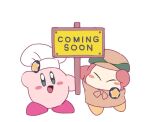 2others blue_eyes blush chef_hat closed_eyes english_text holding_sign kirby kirby_(series) kirby_cafe looking_at_viewer no_mouth open_mouth pink_skin roku_(suzusuzu65972012) simple_background waddle_dee white_background