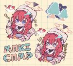  1girl blue_archive blue_eyes blush bowl braid brown_vest chopsticks closed_mouth eating grey_headwear grey_jacket hair_between_eyes halo hat holding holding_bowl holding_chopsticks jacket long_hair long_sleeves maki_(blue_archive) maki_(camp)_(blue_archive) mantezaurusu motion_lines multiple_views official_alternate_costume open_clothes open_jacket red_halo redhead smile twin_braids vest 