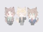  3boys animal_ears atou_haruki black_coat black_pants blonde_hair blue_jacket braid brown_hair brown_sweater chibi chinese_commentary closed_eyes closed_mouth coat commentary_request fox_boy fox_ears fox_tail fur-trimmed_jacket fur_trim green_eyes green_scarf grey_background grey_pants grey_sweater hands_in_pockets harada_minoru isoi_reiji jacket kemonomimi_mode male_focus medium_hair multiple_boys open_clothes open_coat open_jacket pants red_eyes red_shirt ribbed_sweater saibou_shinkyoku scarf shirt simple_background single_braid smile sweater tail turtleneck turtleneck_sweater wanyejituiren wolf_boy wolf_ears wolf_tail 
