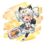 1girl animal_ears asymmetrical_legwear black_sleeves black_thighhighs chibi drill_hair fang grey_eyes grey_hair grey_skirt heterochromia highres holding_cannon huge_weapon karenina:_ember_(deed_of_snow_leopard)_(punishing:_gray_raven) karenina:_ember_(punishing:_gray_raven) karenina_(punishing:_gray_raven) leopard_ears leopard_tail long_sleeves maid midriff mismatched_legwear navel official_alternate_costume open_mouth orange_eyes punishing:_gray_raven shirt sidelocks skin_fang skirt solo tail thigh-highs towasuke twin_drills twintails weapon white_shirt white_thighhighs