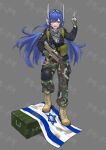  1girl absurdres ammunition_box arm_up assault_rifle belt_pouch blue_hair bullpup commission fingerless_gloves full_body girls_frontline gloves green_gloves gun headgear hexagram highres holding holding_gun holding_weapon huihuang_rongyao israel iwi_tavor keffiyeh knee_pads long_hair long_sleeves looking_at_viewer military_uniform orange_eyes palestine pointing pointing_up pouch rifle robot_ears shoes single_knee_pad smile standing star_of_david tar-21_(girls&#039;_frontline) uniform weapon 