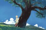  1boy blue_sky brown_footwear brown_shorts child clouds day highres male_focus original short_hair shorts sky solo sweater taizo4282 tree white_hair white_sweater 