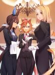  3girls :o admire_vega_(umamusume) animal_ears arm_behind_back asymmetrical_bangs black_jacket black_pants blonde_hair brooch brown_hair champagne_flute chandelier collared_shirt cross_tie cup drinking_glass feet_out_of_frame gloves hand_on_own_chest highres holding holding_tray horse_ears horse_girl horse_tail indoors jacket jewelry long_hair long_sleeves looking_at_viewer low_ponytail multiple_girls nanaheibei_3 narita_top_road_(umamusume) open_clothes open_jacket open_mouth orange_hair pants shirt short_hair sideways_mouth smile standing t.m._opera_o_(umamusume) tail tail_through_clothes tailcoat towel tray umamusume vest violet_eyes white_gloves white_shirt yellow_eyes 