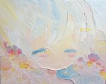  1girl absurdres acrylic_paint_(medium) bare_shoulders blue_hair blush closed_eyes clouds colored_eyelashes colored_skin commentary_request flower highres impasto light_rays no_nose oda_mifuu original painting_(medium) pink_skin short_hair solo sunbeam sunlight traditional_media yellow_flower 