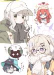 4girls absurdres black-framed_eyewear black_hair black_scarf blonde_hair blue_archive blue_eyes blush chihiro_(blue_archive) chihiro_(camp)_(blue_archive) closed_mouth earmuffs glasses green_eyes green_jacket grey_hair halo hare_(blue_archive) hare_(camp)_(blue_archive) hat highres jacket kotama_(blue_archive) kotama_(camp)_(blue_archive) long_hair long_sleeves maki_(blue_archive) maki_(camp)_(blue_archive) matsuda_hikari multiple_girls official_alternate_costume open_mouth ponytail purple_halo red_halo redhead scarf short_hair simple_background smile translation_request veritas_(blue_archive) violet_eyes white_background white_headwear white_scarf yellow_jacket