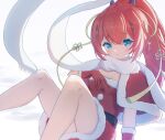  1girl aqua_eyes blunt_bangs blush braid hair_ornament hairclip highres kamiyama_shiki long_hair looking_at_viewer ponytail redhead santa_costume shiki_hamaguri shirt summer_pockets very_long_hair winter 