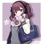  1girl bag binchou_maguro black_jacket black_ribbon blazer border brown_hair cevio character_badge closed_mouth commentary dated drop_shadow earmuffs ekaterina_(synthesizer_v) expressionless grey_sweater hair_ribbon hand_up highres holding_strap jacket light_blush long_hair long_sleeves looking_at_viewer mole mole_on_cheek natsuki_karin neck_warmer open_clothes open_jacket outside_border purple_background ribbon school_bag school_uniform shoulder_bag simple_background solo sweater symbol-only_commentary synthesizer_v twintails twitter_username upper_body violet_eyes wavy_hair white_border white_sleeves 
