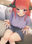  1girl black_skirt blue_eyes blunt_bangs blurry blurry_background blush breasts butterfly_hair_ornament casual commentary_request eyelashes eyes_visible_through_hair feet_out_of_frame from_above go-toubun_no_hanayome hair_ornament heart highres incoming_hug indoors kakato_0 large_breasts looking_at_viewer medium_hair miniskirt nakano_nino open_hands open_mouth pleated_skirt purple_shirt redhead shirt sitting skirt sleeves_past_wrists smile solo thighs tsurime two_side_up 