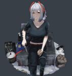  1girl absurdres arknights black_footwear black_shirt box can explosive grenade grey_background hair_ornament highres holding holding_knife knife long_bangs looking_at_viewer midriff navel nvl official_alternate_costume parted_bangs potato shirt short_hair simple_background sitting snow w_(arknights) w_(fugue)_(arknights) white_hair yellow_eyes 
