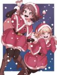  2girls bag bags_under_eyes blonde_hair blush boku_no_hero_academia boots brown_eyes brown_hair christmas double_bun dress fangs ginjaeru hair_bun hat highres jumping looking_at_viewer messy_hair multiple_girls pantyhose santa_costume santa_dress santa_hat short_hair sky slit_pupils snow snowing thigh-highs thighs toga_himiko uraraka_ochako yellow_eyes 