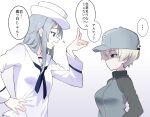  2girls amogan baseball_cap blonde_hair blue_eyes breasts commentary_request flint_(girls_und_panzer) flying_sweatdrops girls_und_panzer grey_hair hand_on_own_hip hat highres jacket large_breasts long_hair medium_breasts multiple_girls open_clothes open_jacket sailor_collar sailor_shirt shirt short_hair sweatdrop translation_request youko_(girls_und_panzer) 