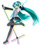  1girl 3d aqua_eyes aqua_hair aqua_nails aqua_necktie armpits black_thighhighs collar detached_sleeves flat_chest grey_shirt hair_between_eyes hatsune_miku holding holding_microphone_stand long_hair looking_at_viewer microphone microphone_stand miniskirt multicolored_clothes multicolored_footwear multicolored_skirt musical_note necktie official_art open_mouth outstretched_arm pleated_skirt project_diva_(series) shirt simple_background skirt sleeveless sleeveless_shirt solo standing standing_on_one_leg thigh-highs thighs transparent_background twintails very_long_hair vocaloid waving wide_sleeves zettai_ryouiki 