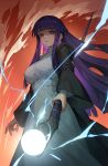  1girl black_coat coat dress fern_(sousou_no_frieren) from_below highres holding holding_staff iamc95 long_hair looking_at_viewer mage_staff magic parted_lips purple_hair solo sousou_no_frieren staff violet_eyes white_dress 