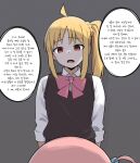  2girls ahoge amogan black_sweater_vest blonde_hair bocchi_the_rock! bow bowtie braid commentary_request cube_hair_ornament empty_eyes gotoh_hitori grey_background hair_ornament highres ijichi_nijika korean_commentary korean_text multiple_girls one_side_up open_mouth pink_bow pink_bowtie red_eyes side_ponytail sleeves_rolled_up sweater_vest translation_request 