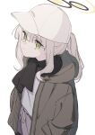  1girl black_scarf blue_archive blush closed_mouth cowboy_shot green_eyes grey_hair grey_jacket halo hare_(blue_archive) hare_(camp)_(blue_archive) hat highres jacket long_hair long_sleeves official_alternate_costume ponytail scarf simple_background solo tetuw white_background white_headwear 