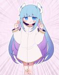  1girl :3 abstract_background banananosongen blue_eyes blue_hair blunt_bangs blush_stickers closed_mouth coat colored_inner_hair commentary cropped_legs double_v emphasis_lines gauze_on_knee hands_up headgear high_collar highres indie_virtual_youtuber long_hair long_sleeves multicolored_hair pigeon-toed pink_background purple_hair smirk solo somunia v v-shaped_eyebrows virtual_youtuber white_coat 