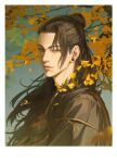  1215d_n 1boy autumn autumn_leaves bishounen black_hair black_kimono branch ear_piercing expressionless from_side getou_suguru hair_bun hair_pulled_back highres japanese_clothes jujutsu_kaisen kimono long_hair looking_at_viewer male_focus outdoors piercing polaroid realistic shadow solo very_long_hair 