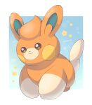  animal_focus artist_name blue_background border brown_eyes closed_mouth commentary_request gradient_background highres iwasi_29 no_humans orange_fur pawmi pokemon pokemon_(creature) smile star_(symbol) tail twitter_username white_border 