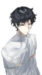  1boy black_eyes black_hair capelet closed_mouth frown gold_trim highres long_sleeves looking_at_viewer male_focus saibou_shinkyoku shirt simple_background solo upper_body utsugi_noriyuki wang718732 white_background white_capelet white_shirt 