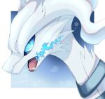  animal_focus artist_name blue_background blue_eyes blue_fire border commentary_request fangs fire gradient_background highres iwasi_29 no_humans open_mouth pokemon pokemon_(creature) reshiram slit_pupils tongue twitter_username white_border white_fur 