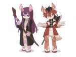 1boy 1girl axe bad_link bandaged_hand bandages barefoot bottomless fern_(sousou_no_frieren) furrification furry furry_female furry_male genshin_impact highres holding holding_staff jacket melusine_(genshin_impact) multicolored_hair no_mouth open_clothes open_jacket purple_hair red_eyes red_jacket redhead simple_background situki sousou_no_frieren staff stark_(sousou_no_frieren) violet_eyes weapon_behind_back white_background