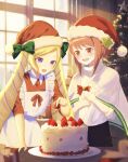  2girls absurdres apron artist_name blonde_hair blurry blurry_background bow cake christmas christmas_tree commentary_request drill_hair elise_(fire_emblem) fire_emblem fire_emblem_fates food hat highres indoors long_hair medium_hair multiple_girls open_mouth red_bow red_eyes redhead s_n_reon sakura_(fire_emblem) santa_hat smile sunlight twin_drills twintails violet_eyes window 