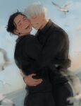  2boys :d ^_^ bird black_hair black_jacket black_pants blue_sky blurry blurry_background blush cheek-to-cheek closed_eyes depth_of_field dio_saurr ear_piercing getou_suguru gojou_satoru heads_together highres hug jacket jujutsu_kaisen jujutsu_tech_uniform male_focus multiple_boys ocean open_mouth outdoors pants piercing school_uniform seagull short_hair sky smile teeth white_hair 