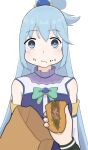  1boy 1girl aqua_(konosuba) bag blue_eyes blue_hair blue_shirt blush bow bowtie detached_sleeves eating food food_on_face gem green_bow green_bowtie hair_between_eyes hair_ornament hair_rings highres holding holding_food holding_sandwich jacket kono_subarashii_sekai_ni_shukufuku_wo! long_hair looking_at_viewer paper_bag sandwich satou_kazuma shirt simple_background single_hair_ring sleeveless sleeveless_shirt track_jacket user_cptc4874 very_long_hair white_sleeves 