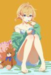  bed bed_sheet blonde_hair blue_eyes brushing brushing_teeth glasses green_sweater highres hirayama_kanna holding holding_phone kanojo_okarishimasu nanami_mami phone pillow short_hair simple_background sitting stuffed_animal stuffed_toy sweater teddy_bear yellow_background 